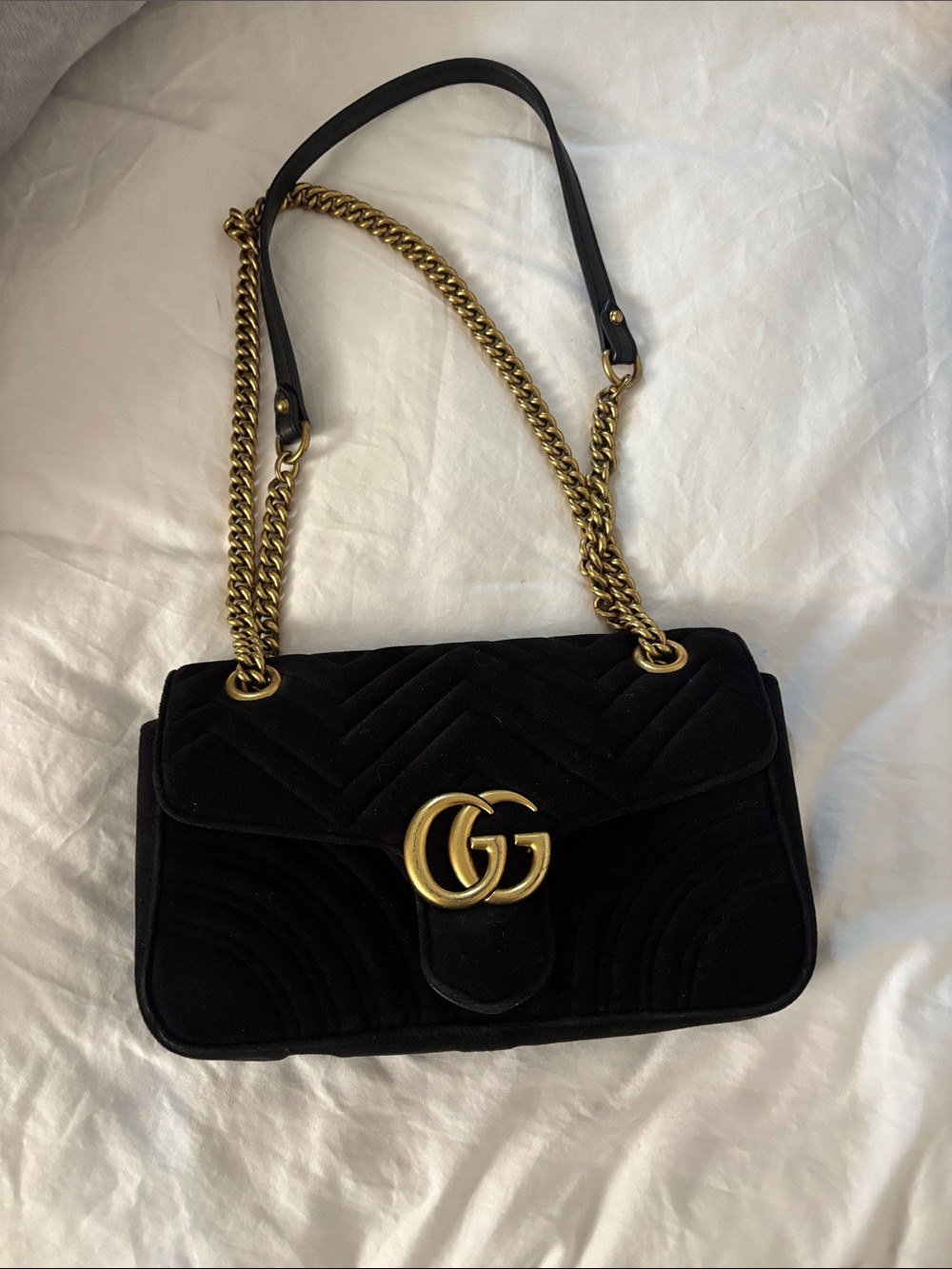 Marmont Black Velvet Shoulder Bag with Gold Hardware